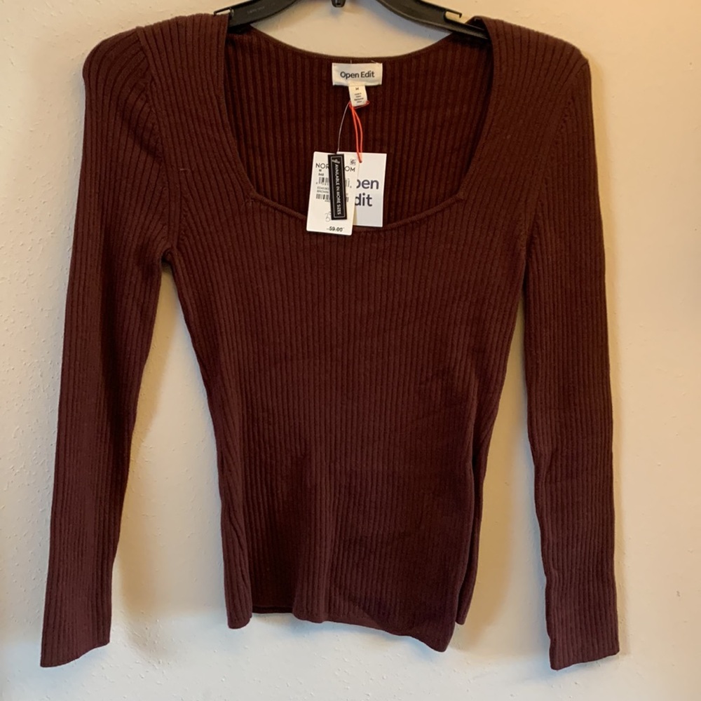 โค๏ธ Open Edit Rib Scoop Neck Sweater in Brown Chocolate Size Medium โค๏ธ F3 - Picture 3 of 5